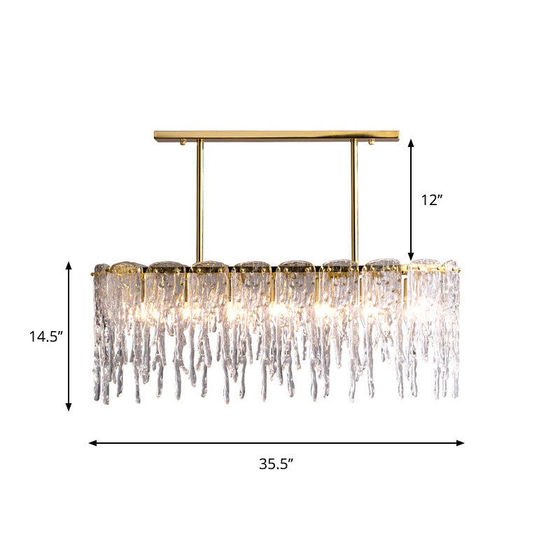 Minimalist Oval Island Light 7 Bulbs Clear Crystal Pendant Lamp in Gold with Melting Ice Design