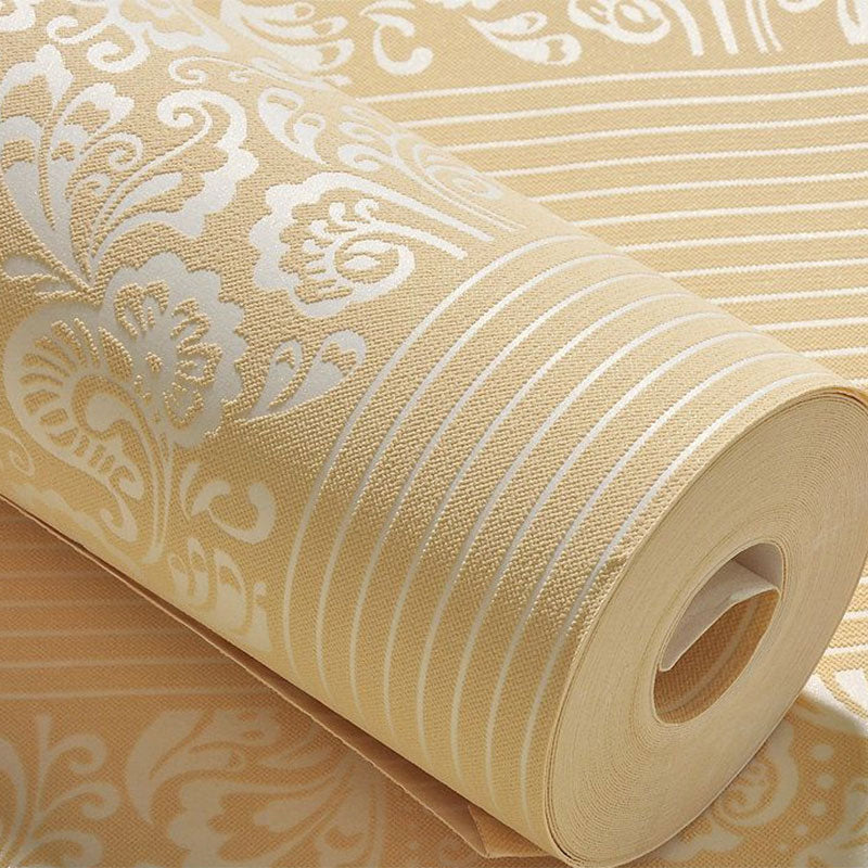 Pastel Color Non-Woven Wallpaper Stain-Resistant 3D Flower and Stripe Wall Covering, 31' by 20.5"