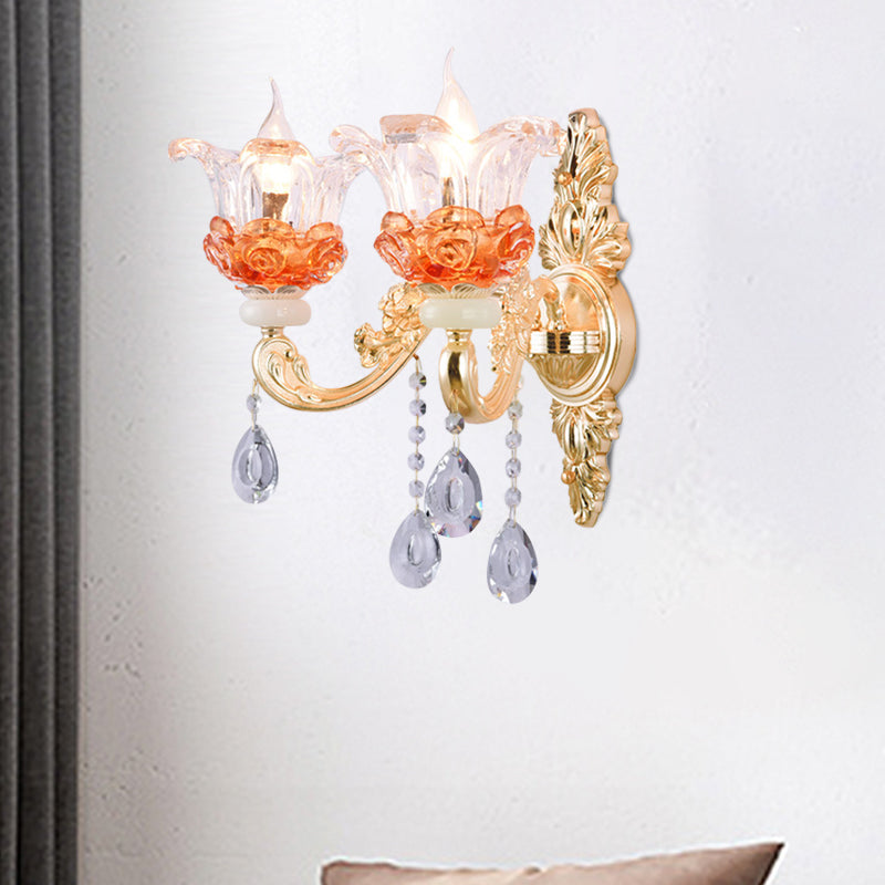 Classic Candlestick Sconce Lamp 2 Lights Crystal Wall Light with Carved Arm and Backplate in Pink/Yellow/Orange