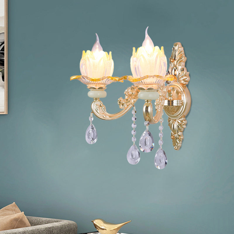Classic Candlestick Sconce Lamp 2 Lights Crystal Wall Light with Carved Arm and Backplate in Pink/Yellow/Orange
