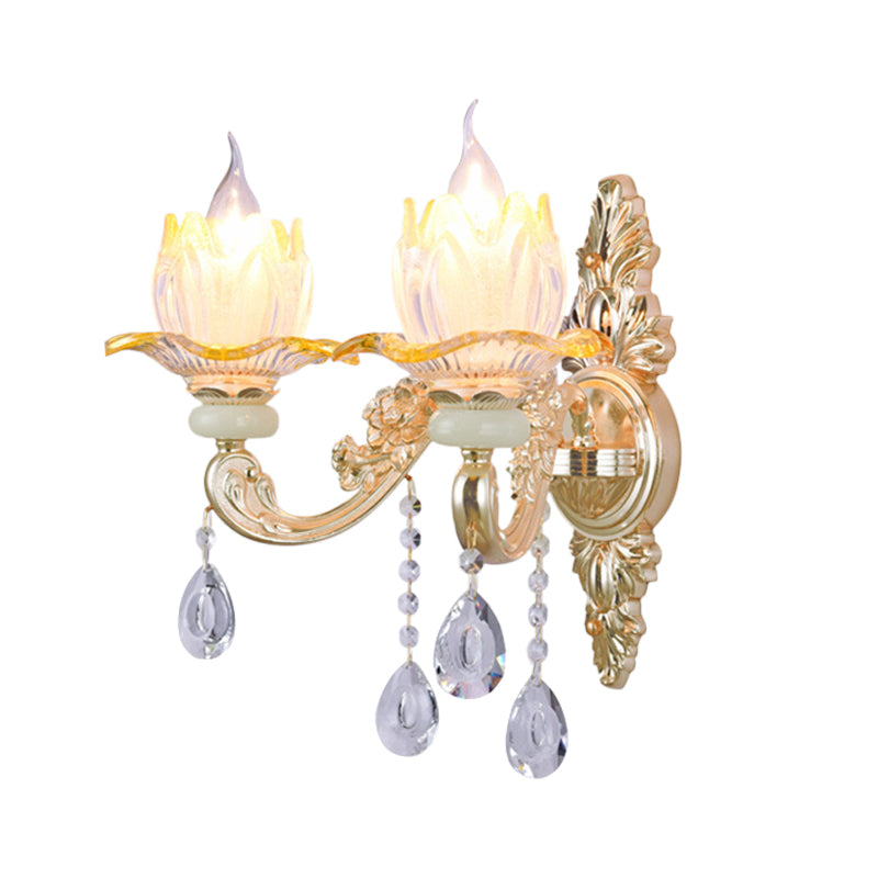 Classic Candlestick Sconce Lamp 2 Lights Crystal Wall Light with Carved Arm and Backplate in Pink/Yellow/Orange