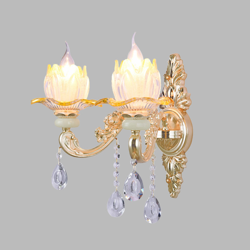 Classic Candlestick Sconce Lamp 2 Lights Crystal Wall Light with Carved Arm and Backplate in Pink/Yellow/Orange