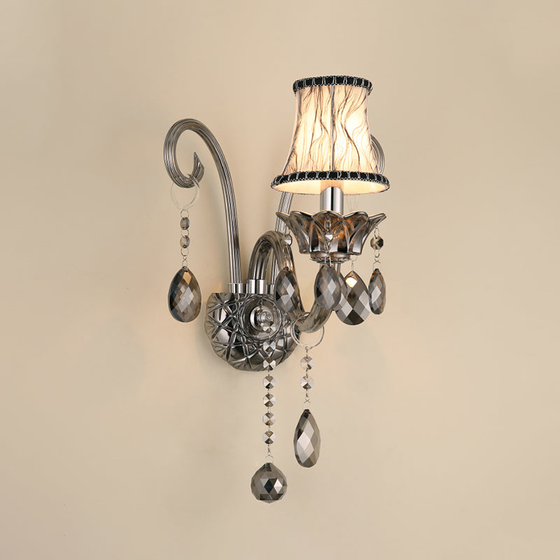 Smoke Gray Crystal Bell Sconce Retro 1/2-Bulb Living Room Wall Lamp with Fabric Shade