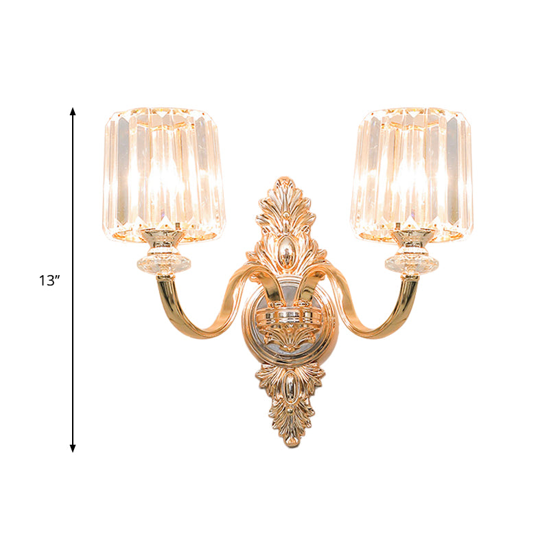 2-Bulb Wall Light Sconce Retro Cylinder Crystal Block Wall Mounted Lighting in Gold with Carved Backplate
