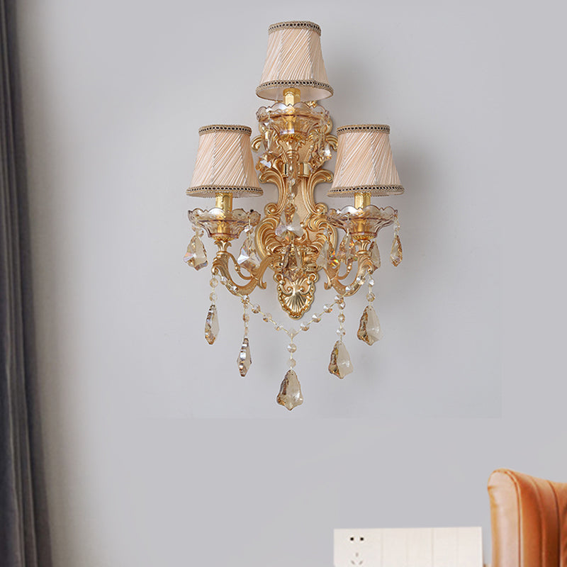 Bell Fabric Wall Sconce Classic 3 Lights Living Room Wall Light in Gold with Dangling Crystal