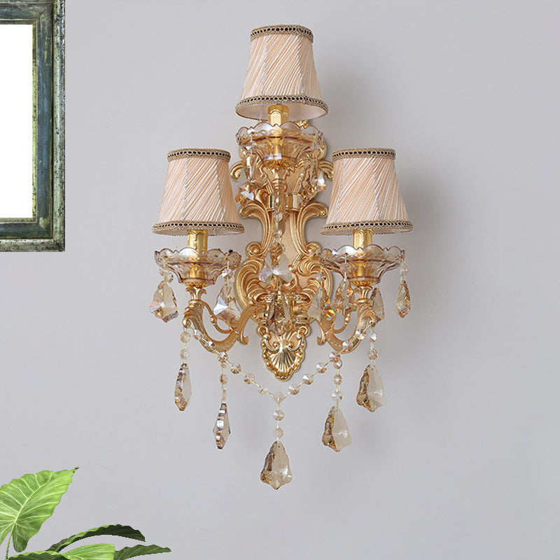 Bell Fabric Wall Sconce Classic 3 Lights Living Room Wall Light in Gold with Dangling Crystal