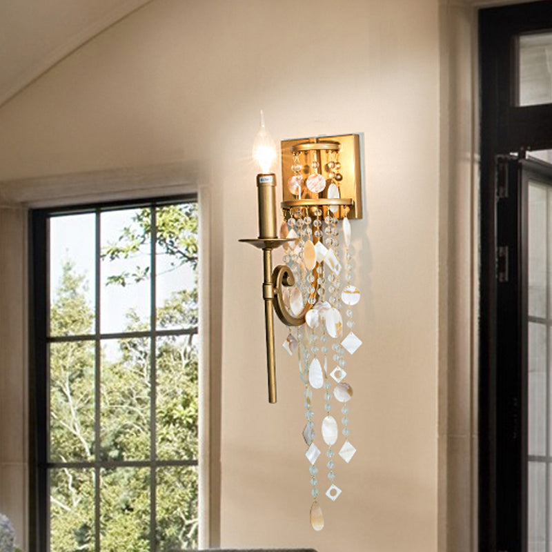 Metal Candlestick Wall Sconce Light Traditional 1 Bulb Bedroom Wall Lighting in Gold with Crystal Accent