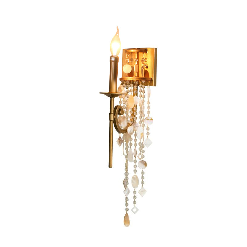 Metal Candlestick Wall Sconce Light Traditional 1 Bulb Bedroom Wall Lighting in Gold with Crystal Accent