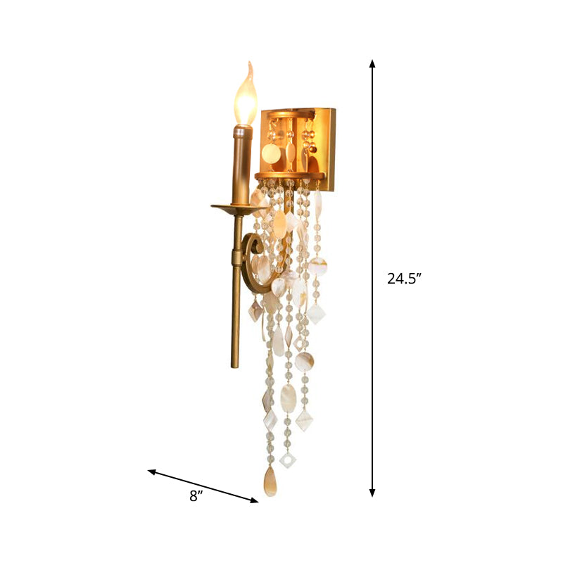 Metal Candlestick Wall Sconce Light Traditional 1 Bulb Bedroom Wall Lighting in Gold with Crystal Accent