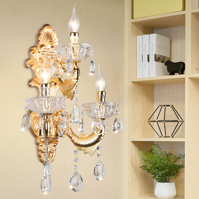 Classic Candle Wall Mount Lamp 3-Light Crystal Wall Light in Gold with Fish-Shaped Metal Arm