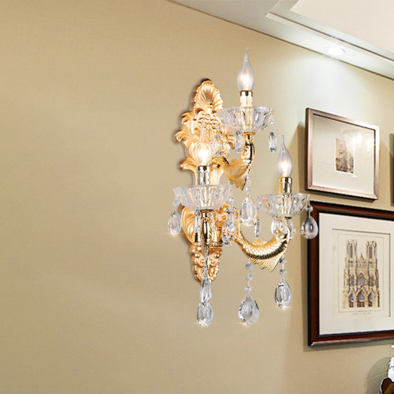 Classic Candle Wall Mount Lamp 3-Light Crystal Wall Light in Gold with Fish-Shaped Metal Arm
