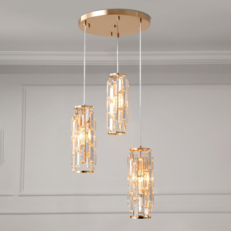 Lámpara colgante moderna colgante de colgante múltiple de 3 cabezas con tono de cristal de columna en oro