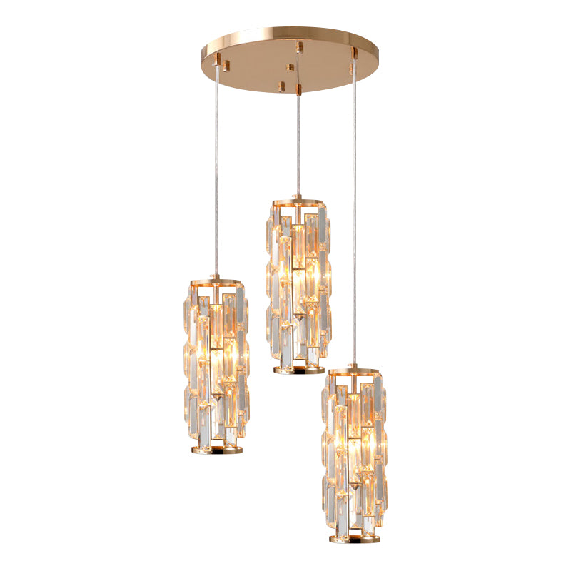 Lámpara colgante moderna colgante de colgante múltiple de 3 cabezas con tono de cristal de columna en oro