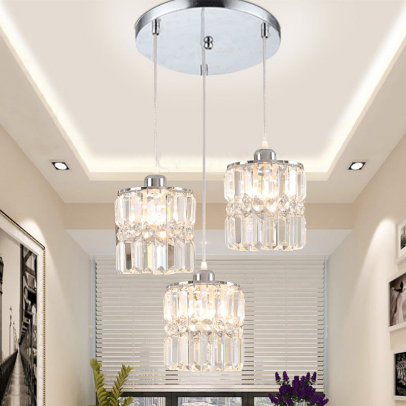 Säulen Esszimmer Cluster Anhänger Einfacher K9 -Kristall 3 Lampen -Chrom -Federlampe