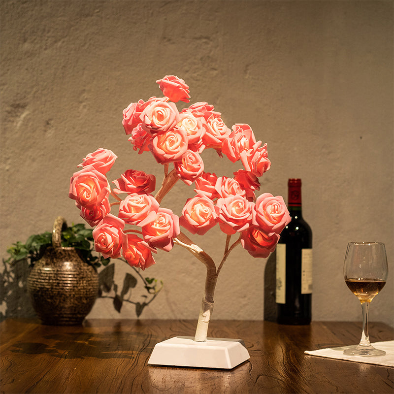Pink Rose Night Lamp Art Deco LED Plastic Table Licht met takontwerp voor restaurant