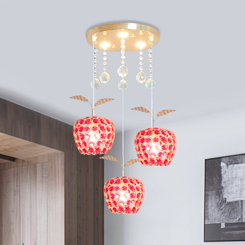 Lámpara de suspensión de oro de 3 luces de cristal rojo en forma de manzana en forma de manzana