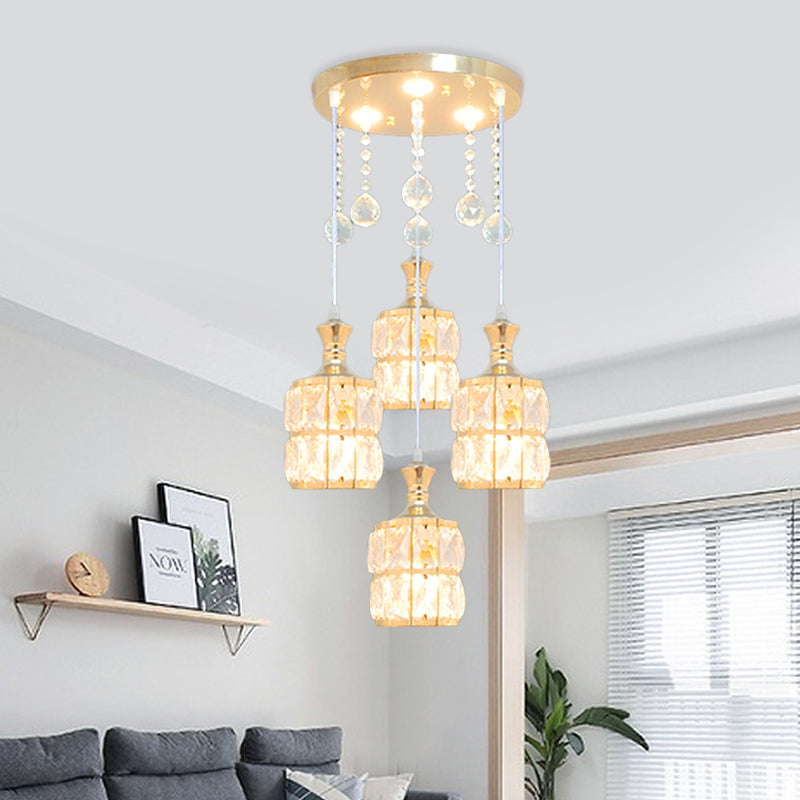 Crystal Block Cylinder Multi Pendant Light Fixture Modern 4-Bulb Hanging Lamp Kit in Gold
