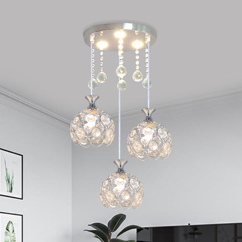 3-Head Dining Room Cluster Pendant Modern Silver Finish Pendulum Light with Dome Crystal-Encrusted Shade