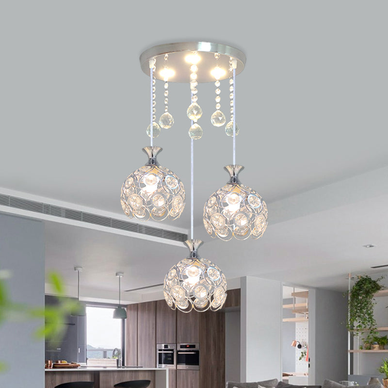 3-Head Dining Room Cluster Pendant Modern Silver Finish Pendulum Light with Dome Crystal-Encrusted Shade