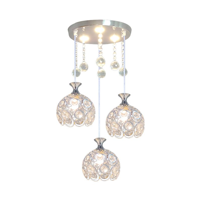 3-Head Dining Room Cluster Pendant Modern Silver Finish Pendulum Light with Dome Crystal-Encrusted Shade