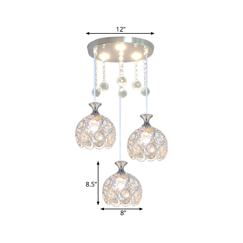 3-Head Dining Room Cluster Pendant Modern Silver Finish Pendulum Light with Dome Crystal-Encrusted Shade