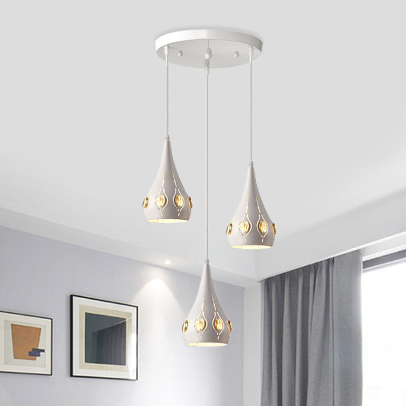 Teardrop Iron Multi Light Pendant Light Minimalist 3 Bulbs White Suspension Lamp with Crystal Block Accent