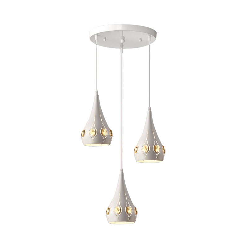 Teardrop Iron Multi Light Pendant Light Minimalist 3 Bulbs White Suspension Lamp with Crystal Block Accent