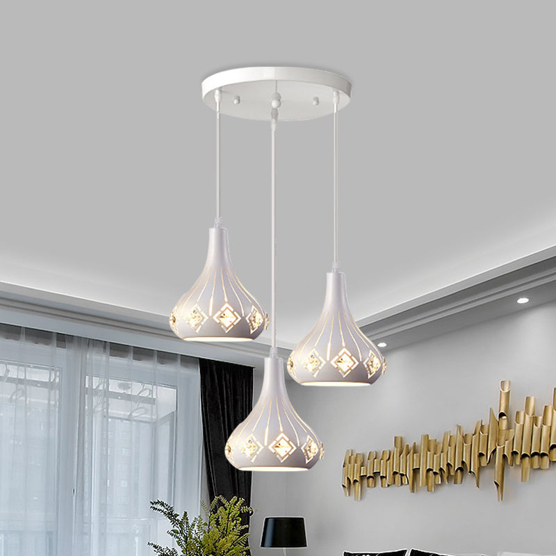 Modern Urn Shaped Multi Ceiling Light Metal 3-Bulb Restaurant Pendulum Lamp in White with Crystal Accent