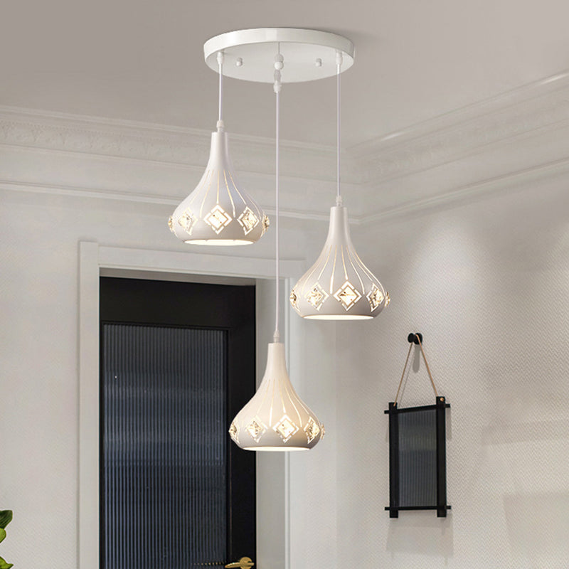 Modern Urn Shaped Multi Ceiling Light Metal 3-Bulb Restaurant Pendulum Lamp in White with Crystal Accent