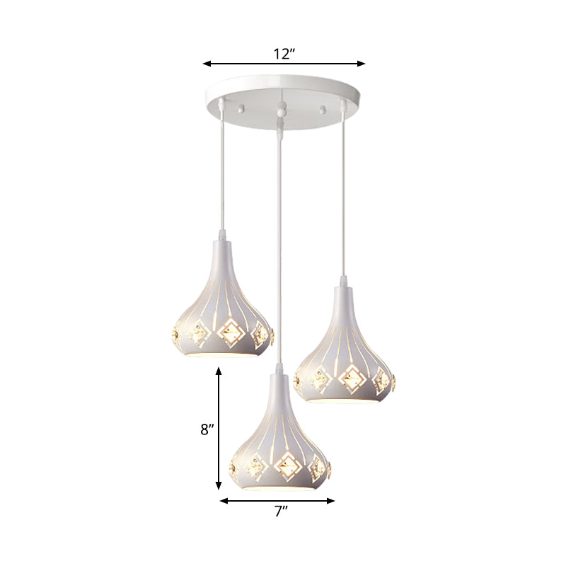 Modern Urn Shaped Multi Ceiling Light Metal 3-Bulb Restaurant Pendulum Lamp in White with Crystal Accent