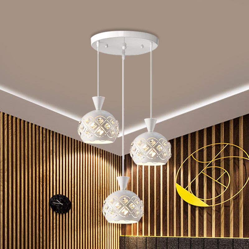 Iron Domed Suspension Light Modernism 3-Light Crystal Multi Ceiling Lamp in White