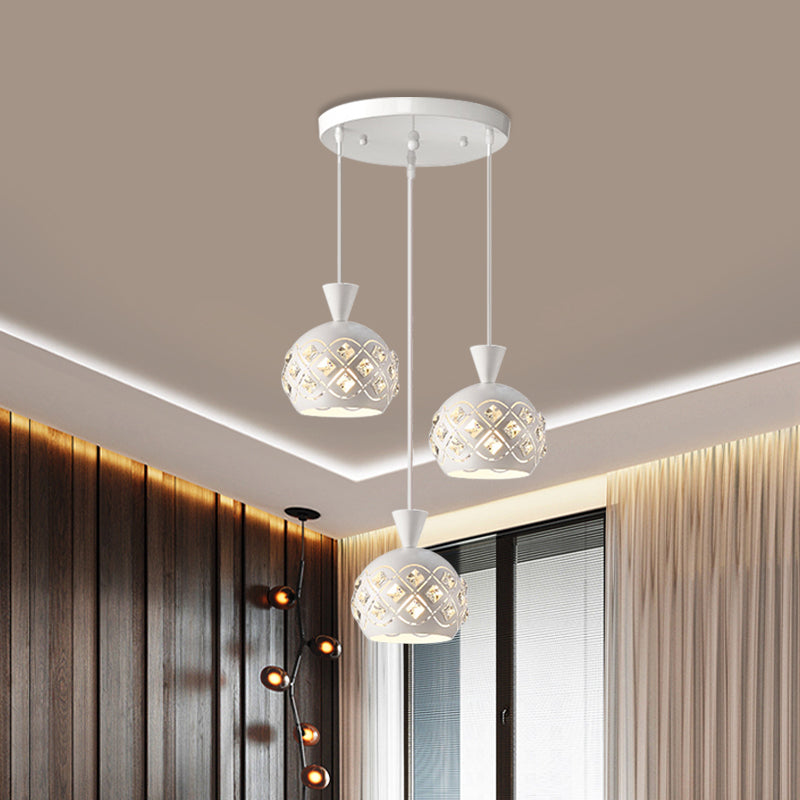Iron Domed Suspension Light Modernism 3-Light Crystal Multi Ceiling Lamp in White