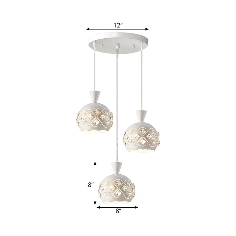 Iron Domed Suspension Light Modernism 3-Light Crystal Multi Ceiling Lamp in White