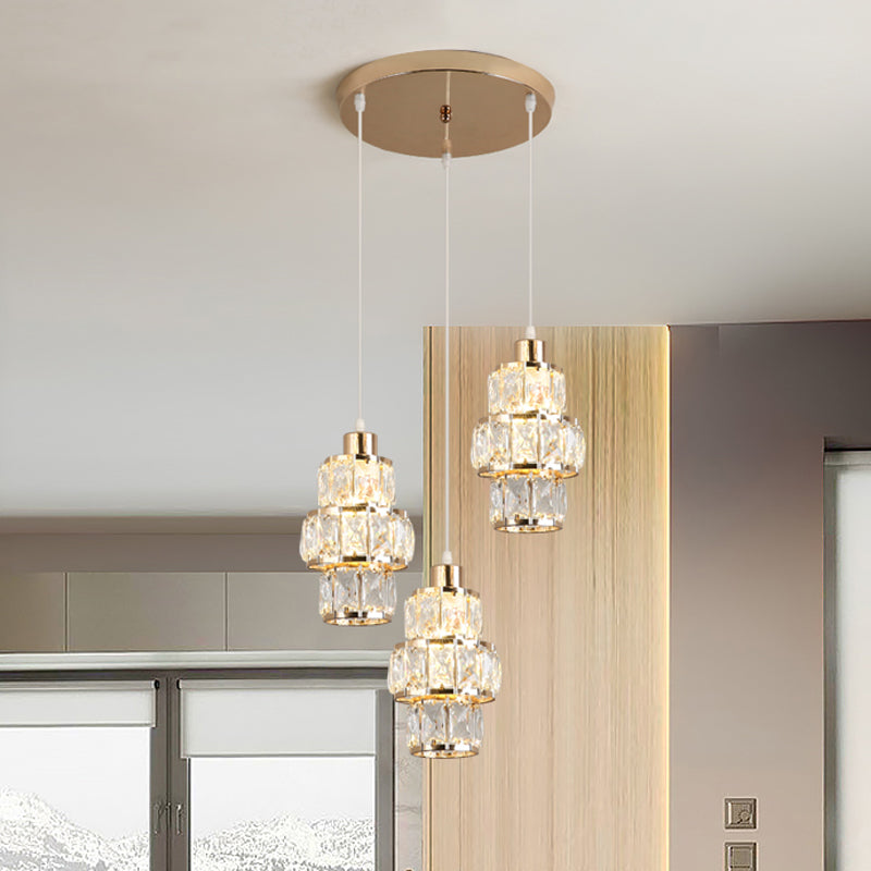 3 Layers Crystal Prisms Hanging Light Fixture Modern 3 Lights Gold Cluster Pendant