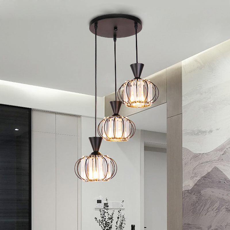 Ellipse Cage Multi Ceiling Lamp Modern Iron 3-Bulb Black Finish Hanging Pendant with Crystal Prisms Shade Inside