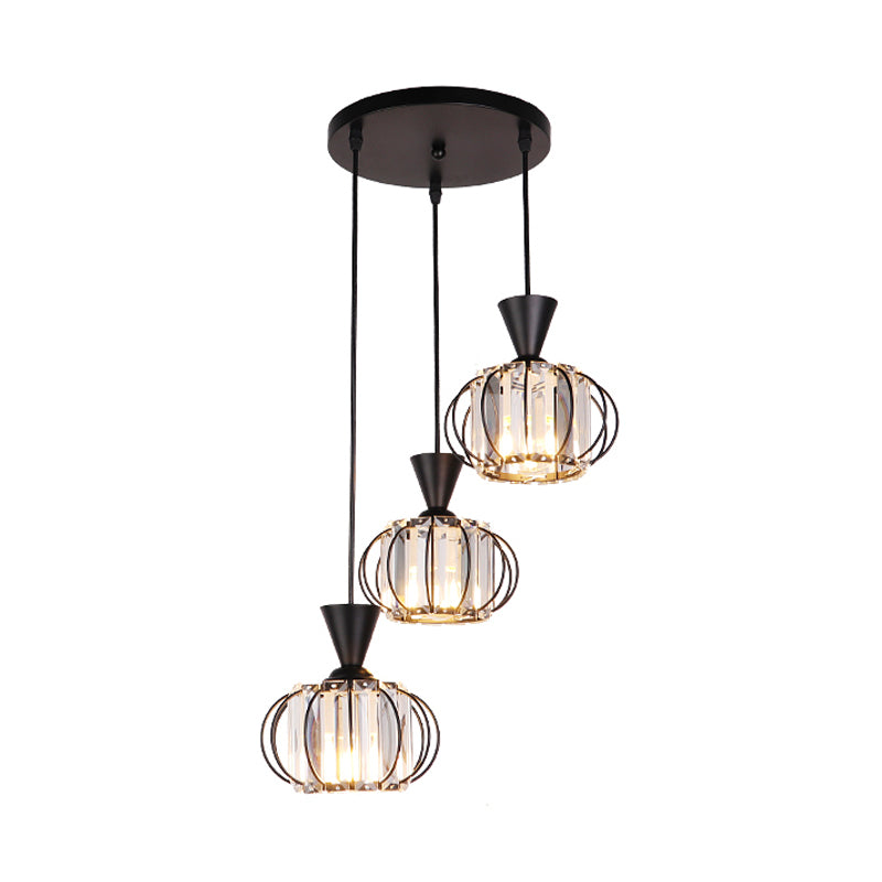 Ellipse Cage Multi Ceiling Lamp Modern Iron 3-Bulb Black Finish Hanging Pendant with Crystal Prisms Shade Inside