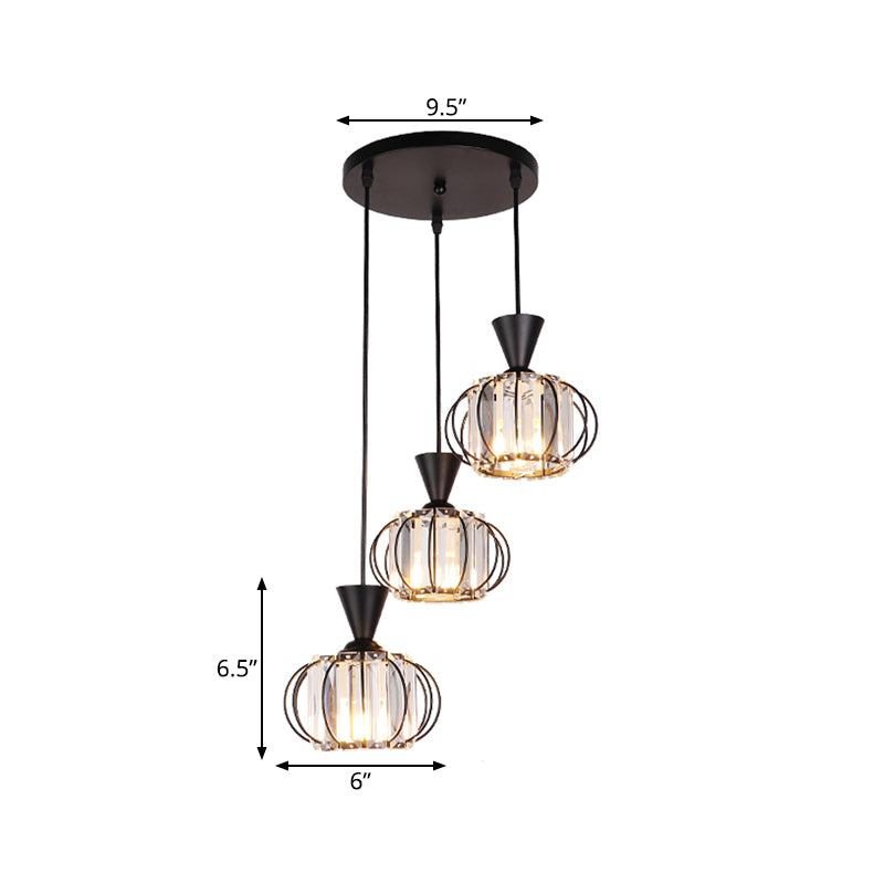 Ellipse Cage Multi Ceiling Lamp Modern Iron 3-Bulb Black Finish Hanging Pendant with Crystal Prisms Shade Inside