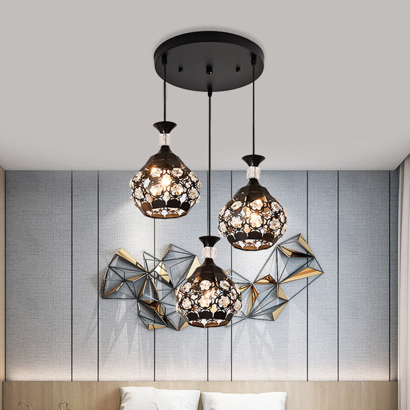 Black Hollow Out Floret Multi-Pendant Modernism 3 Lights Crystal Embedded Suspension Lamp