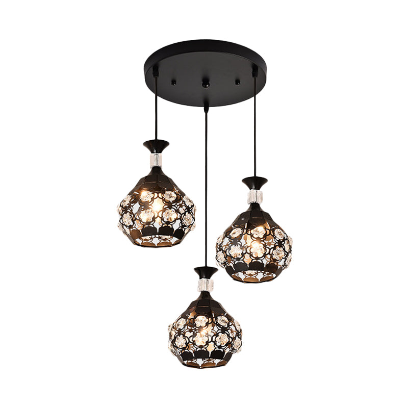 Black Hollow Out Floret Multi-Pendant Modernism 3 Lights Crystal Embedded Suspension Lamp