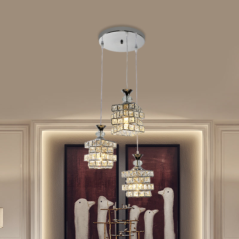 4 Layers Crystal Block Pendant Lamp Fixture Simple 3-Head Silver Finish Multi Ceiling Light
