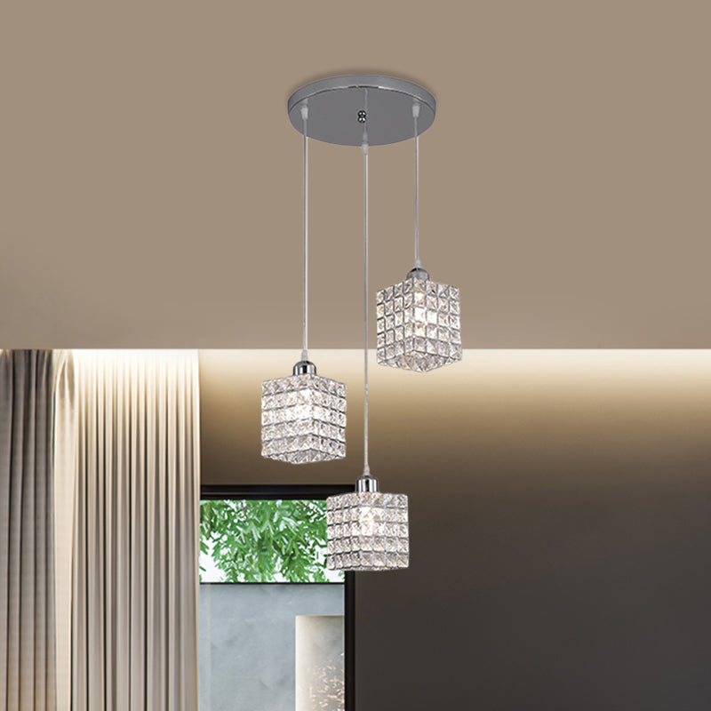 Chrome Cuboid Cluster Pendant Minimalist 3 Bulbs Beveled Crystal Ceiling Suspension Light
