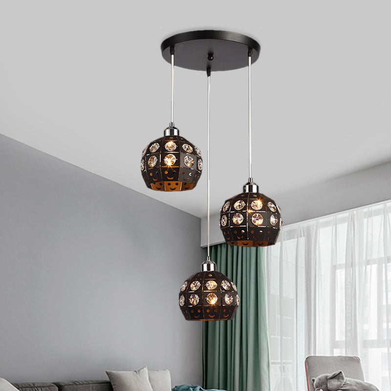 Dome Comedor de comedor Light Crystal incrustado 3 cabezas de lámpara de múltiples cabezas modernistas en negro
