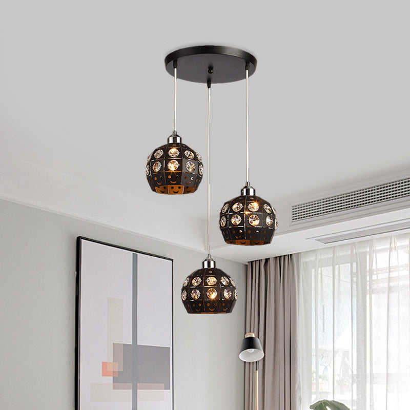 Dome Comedor de comedor Light Crystal incrustado 3 cabezas de lámpara de múltiples cabezas modernistas en negro