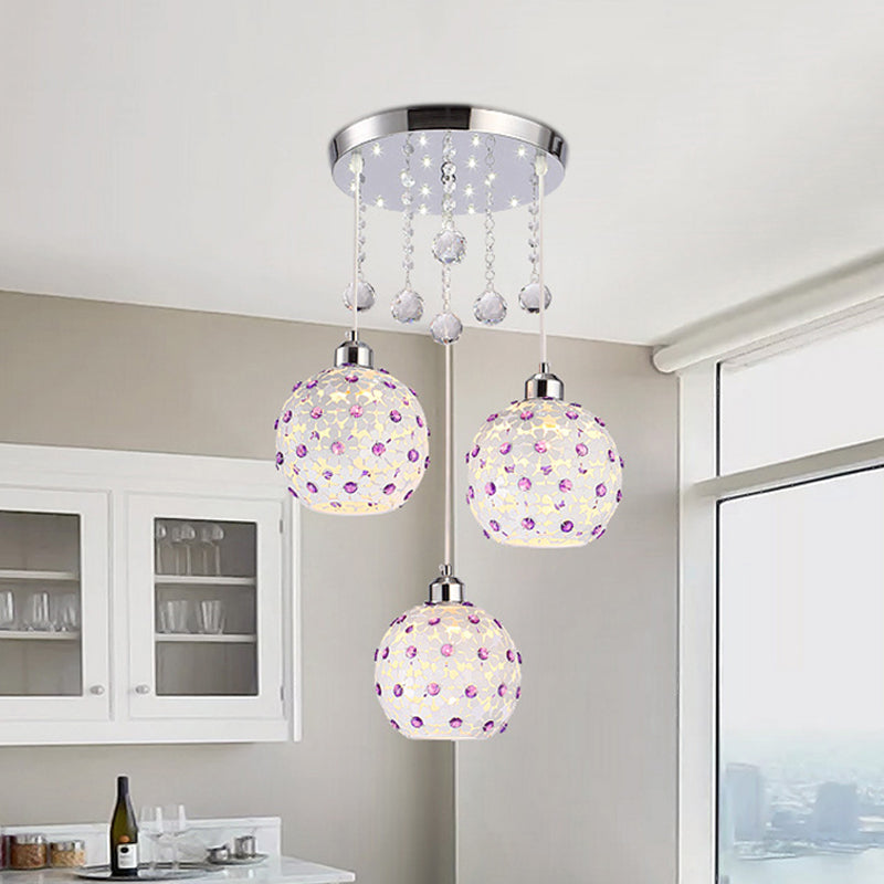 Sphere Multi-Pendant Modern Iron 3 Lights White Finish Ceiling Hang Fixture with Purple Crystal Bead Decor