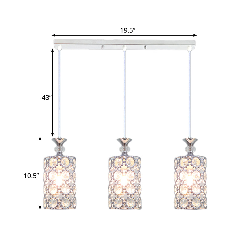 3 Lights Restaurant Hanging Deckenlampe Moderner Silber Cluster Anhänger mit Zylinderkristall, schrubten Schatten