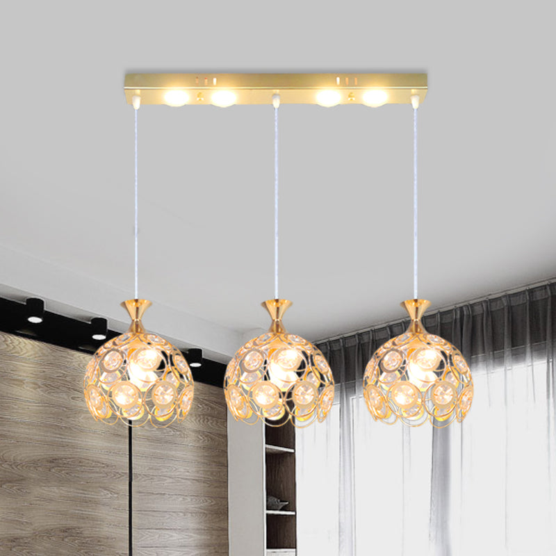 Modern Style Pendulum Light Crystal-Encrusted 3-Bulb Dining Room Multi Pendant Lamp Fixture in Gold