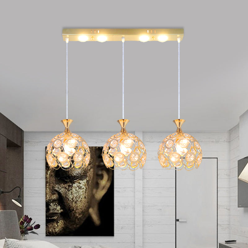 Modern Style Pendulum Light Crystal-Encrusted 3-Bulb Dining Room Multi Pendant Lamp Fixture in Gold