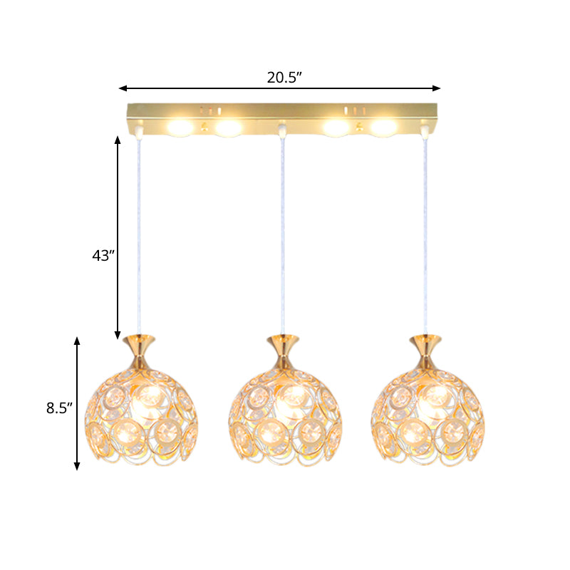 Modern Style Pendulum Light Crystal-Encrusted 3-Bulb Dining Room Multi Pendant Lamp Fixture in Gold