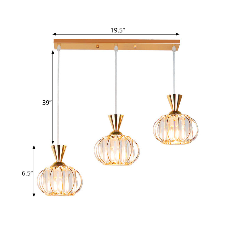 Gold Oval Cage Suspension Light Modernist 3-Head Crystal Prisms Multiple Hanging Lamp