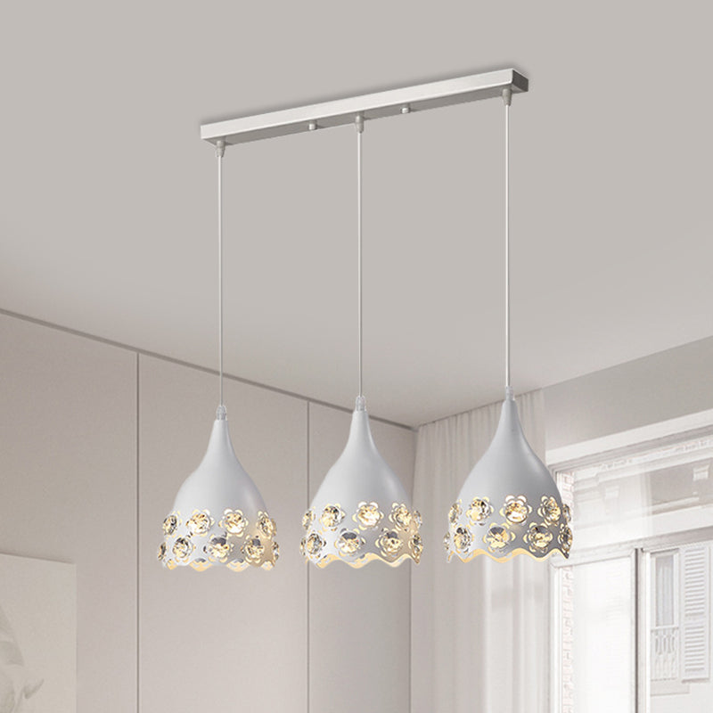 Metal Teardrop Multi Light Pendant Modern 3 Lights Ceiling Suspension Lamp in White with Flower Crystal Deco Edge